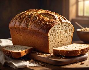 Artisanal seeded bread loaf with sliced portions on wooden board displayed naturally