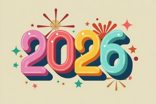 Colorful 3D Rendered Numbers 2026 with Vibrant Stars and Sparkles for Future Event Celebrations and Party Invitations Graphic Design Element