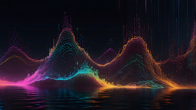 Cyberpunk inspired audio equalizer wave peaks are glowingly rendered in vibrant neon colors and reflected on the dark water surface.