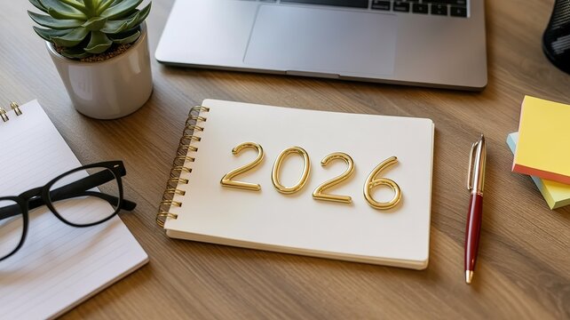 Professional Workspace with 2026 Notebook and Laptop for Business Planning and Goal Setting in a Modern Office Environment