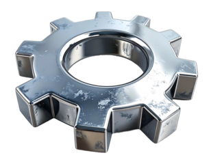 A chrome gear with 8 teeth, showing wear, against a dark background