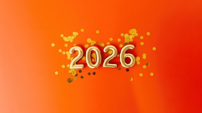 Festive 2026 New Year Celebration Background with Gold Foil Balloons and Confetti on a Vibrant Orange Surface Ideal for Party Invitations and Holiday Marketing Materials