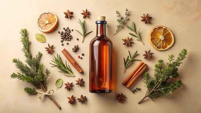 Aromatic botanical ingredients and amber glass bottle arranged in a circle for herbal infusion or natural beverage preparation