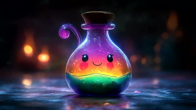 Colorful potion bottle with glowing liquid and sparkles