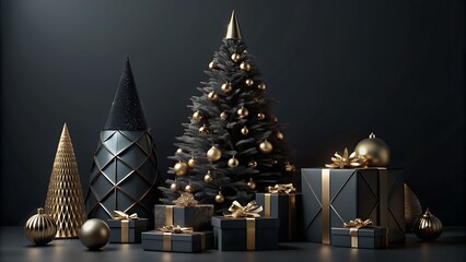 Elegant black christmas tree adorned with golden ornaments and surrounded by festive gift boxes on a dark background