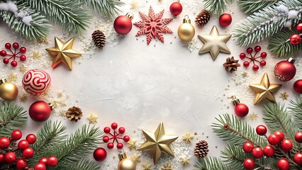 Fototapeta premium Festive christmas wreath frame with red baubles golden stars snowflakes and frosted pine branches on a textured background