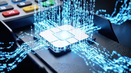 A POS terminal with a glowing processor and data streams visualizing a transaction - Powered by Adobe