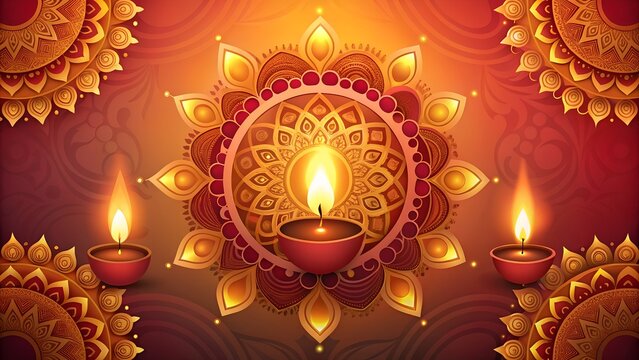 Vibrant diwali celebration with glowing oil lamps and intricate golden mandala patterns creating a festive and spiritual atmosphere