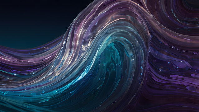 Surreal abstract liquid wave pattern is beautifully composed of translucent material flowing in vibrant blue and deep purple colors.