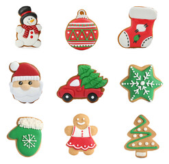 Christmas gingerbread cookies decorated with icing isolated on white, set