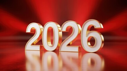 Glossy Gold 3D Numbers 2026 on Reflective Red Background New Year Celebration Design Element for Marketing Campaigns and Future Predictions