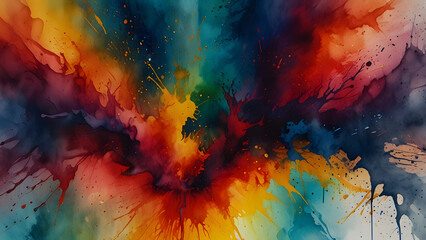 Dynamic vibrant watercolor paint splashes are aggressively spreading across the slightly textured abstract canvas surface.