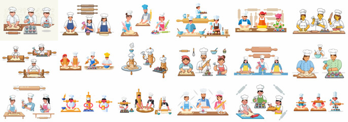 A collection of various baking illustrations showcasing chefs kneading dough, using rolling pins, and decorating cupcakes, perfect for bakery and cooking concepts.