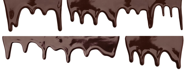 Melted chocolate dripping on white background, set