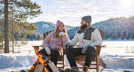 Happy couple sitting by a campfire in a snowy winter landscape. Man and woman relaxing on wooden chairs near a bonfire in nature. Winter vacation and romance concept