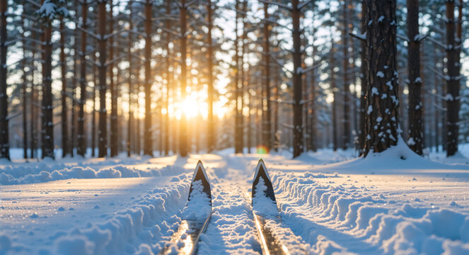 Cross-country ski tracks in a snowy pine forest at sunset. POV of skier on a winter trail. Nordic skiing landscape with sun backlight