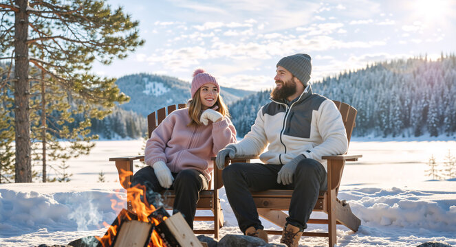 Happy couple sitting by a campfire in a snowy winter landscape. Man and woman relaxing on wooden chairs near a bonfire in nature. Winter vacation and romance concept