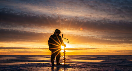Silhouette of a fisherman with an ice auger on a frozen lake at sunrise. Man ice fishing in winter during a dramatic sunset