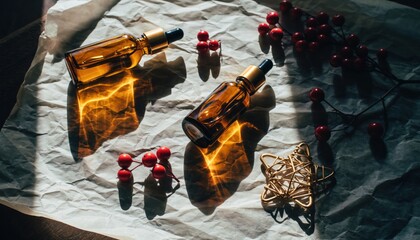 Amber Bottles with Festive Elements on Wrinkled Paper Creating Artistic Shadows and Light Play