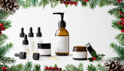 Festive winter skincare arrangement with natural cosmetics and seasonal decorations against white