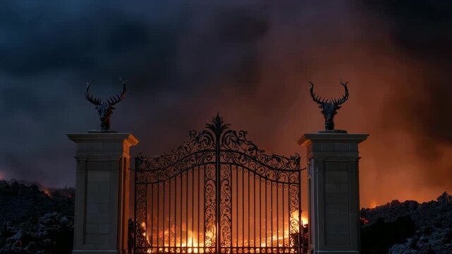 Fiery Gates with Flames Behind Ornate Ironwork