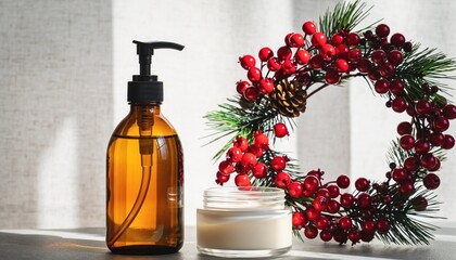 Festive skincare routine featuring amber glass bottles, creamy lotion and a holiday wreath,