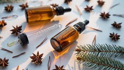 Aromatic Essence: Natural Essential Oil and Star Anise Still Life Composition