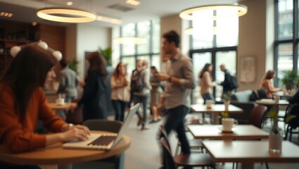 Generative AI vibrant workplace, productivity focus, blurred interaction.