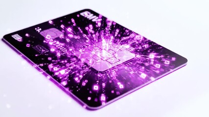 A credit card glows with digital energy, radiating bright purple light and geometric shapes