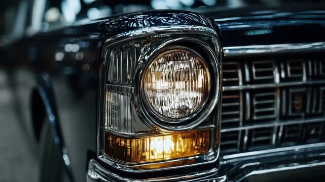 Close Up Of A Vintage Black Car Headlight With Chrome Accents And A Bright Light Emitting Warm Tones