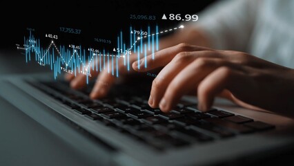 Stock market analysis with candlestick chart and price movement trend line, highlighting global...