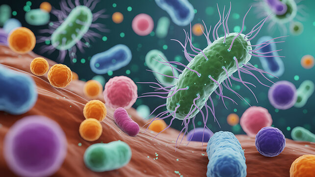 Microscopic View of Green Bacteria and Colorful Viruses 3D Render