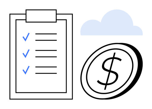 Checklist with blue checkmarks, dollar coin, and cloud icon. Ideal for financial planning, budgeting, task prioritization, cloud storage, digital economy savings and productivity. Simple flat - Powered by Adobe