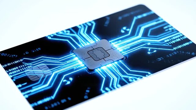 A close-up of a payment card featuring glowing blue circuit board design