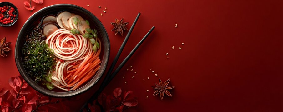 Hot ramen soup serving with colorful toppings, mushrooms, carrots, and star anise. Ideal for winter, holiday, and celebration themes