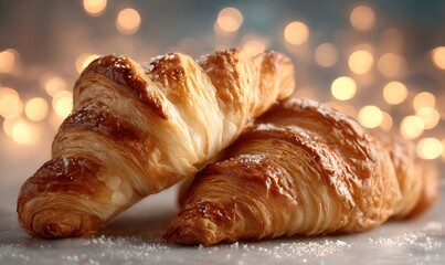 Warm, flaky croissants dusted with sugar, creating a cozy and inviting scene with golden bokeh lights in the background