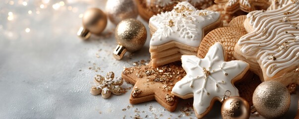 Assorted christmas cookies baked with intricate white icing and glittering gold sprinkles, accompanied by festive gold holiday baubles