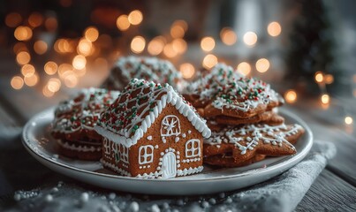 Festive gingerbread house with decorated cookies on a plate, capturing winter holidays and sweet traditions. Bokeh lights in background