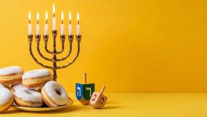 Golden Hanukkah Menorah with Sufganiyot Donuts & Dreidels Celebrating Jewish Festival of Lights