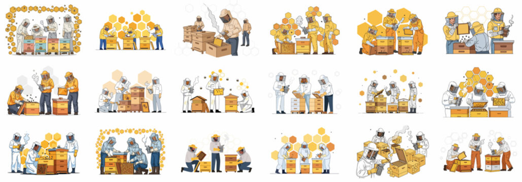 Collection of vector illustrations depicting beekeepers in protective suits managing honey beehives, frames, and using smokers for honey production and apiculture work.