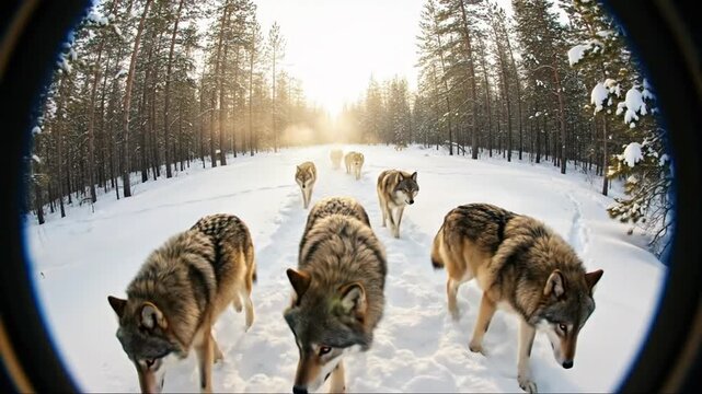 Dramatic perspective of a wolf pack walking through a snowy landscape during the day