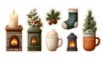 Collection of winter holiday stickers featuring warming fireplaces, candles, hot drinks, pinecones, and a knitted sock for cozy themes