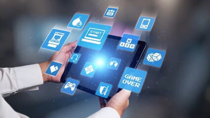 Gaming icons show online gaming, game streaming, and interactive play. Gaming supports esports, game community, and digital gaming experience. Gist