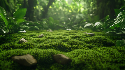 Obraz premium Lush green mossy forest floor with rocks, sunlight filtering through the dense canopy
