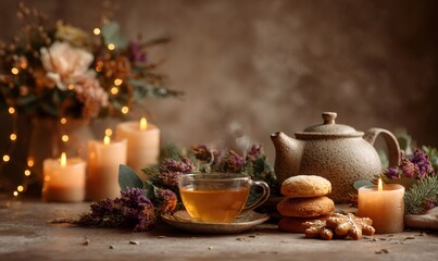 Fototapeta premium Steaming cup of tea and a teapot with cookies, surrounded by lit candles and winter decorations for a festive holiday mood
