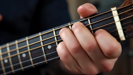 Close-Up Acoustic Guitar Chords Demonstrated on Fretboard for Music Learning