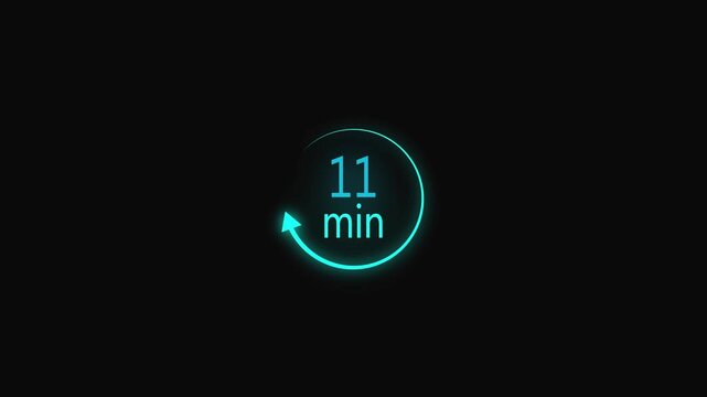 Circle countdown timer one minute animation from 11 to 0 second animation on black background. On transparent background with Hollywood movie countdown going from 11 to 0 in  a countdown.