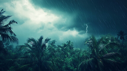 A powerful thunderstorm unleashes heavy rain and lightning over a remote tropical jungle