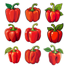Vibrant Red Bell Peppers Collection with Green Leaves