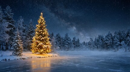 Illuminated Christmas tree stands in a snow covered forest beside a frozen lake under a starry night sky